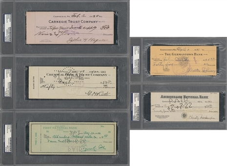First Hall of Fame Class Signed Check Lot of (5) Including Christy Mathewson, Walter Johnson, Babe Ruth, Ty Cobb and Honus Wagner (PSA/DNA)